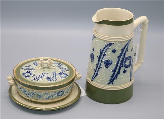 James Macintyre Burslem Gesso Faience design butter dish and a similar jug